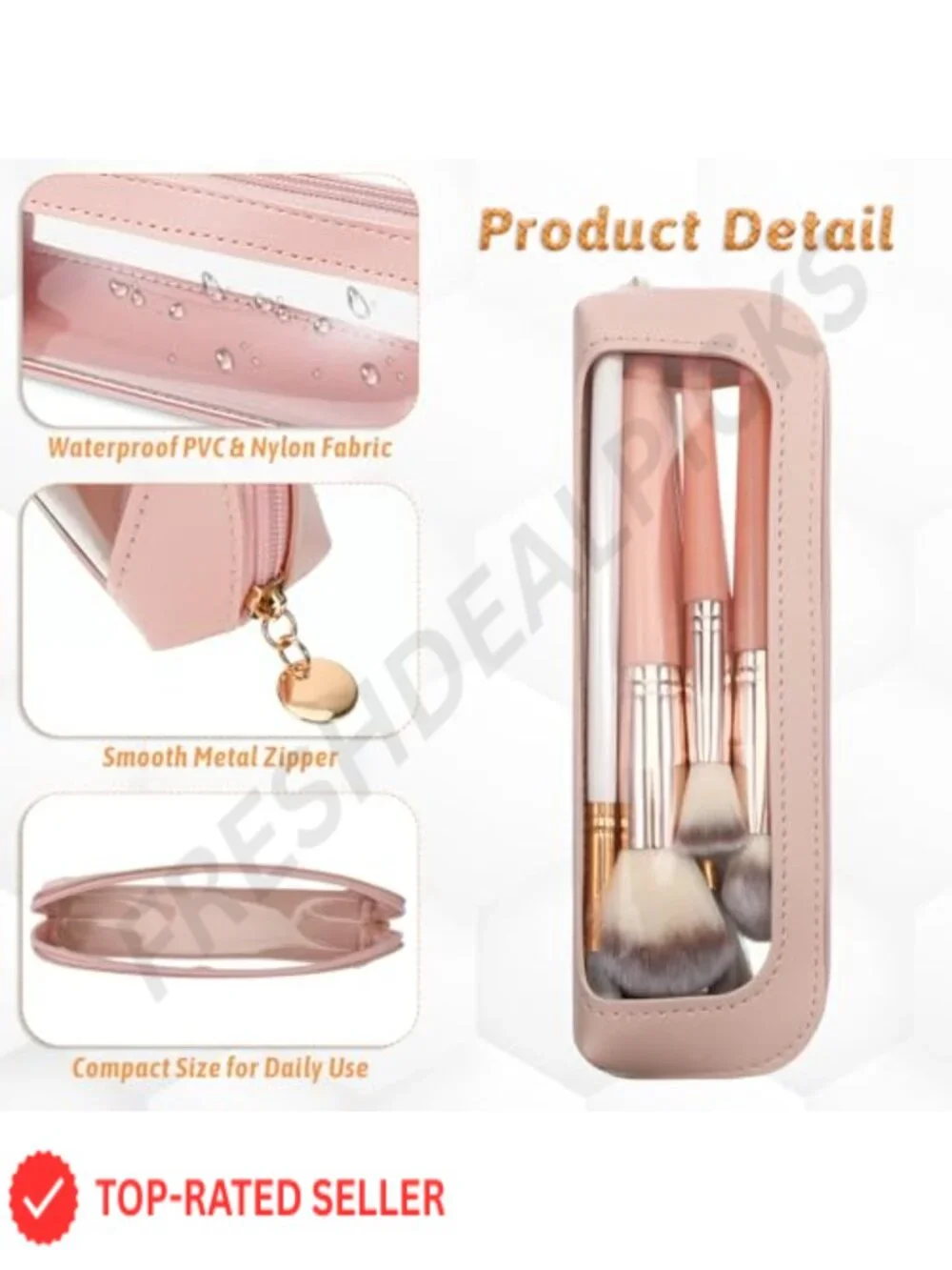 PU Leather Transparent Makeup Brush Travel Bag Toiletry Holder with Zipper